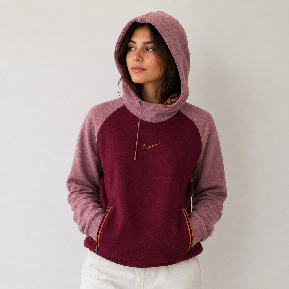 Nike Therma-FIT Hoodie Womens Small Burgundy Colorblock Sporty Swoosh Athletic